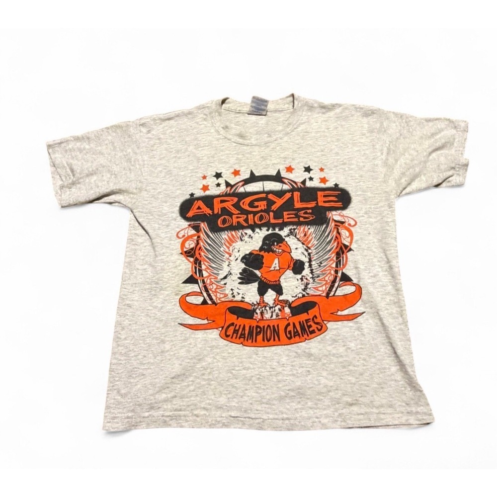 Argyle Orioles Champion Games Youth Large Graphic T-Shirt Gildan Gray Tee